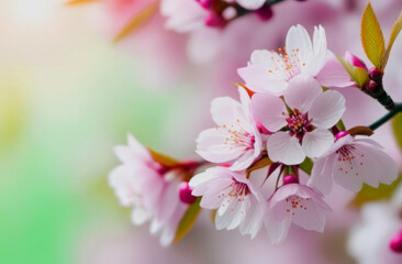 A branch of a cherry blossom in close-up.  Springtime background for banner, greeting card, invitation,  Women's Day,  Mother day,  Valentine's Day, wedding. Composition with copy space. 