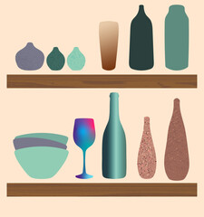 Kitchen illustration of bottles, glasses, vases and bowls placed on wooden shelves. Collection of images with added texture.