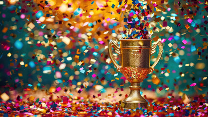 Golden Trophy of Victory Surrounded by Colorful Celebration Confetti - obrazy, fototapety, plakaty