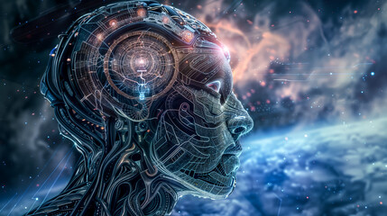 AI god - digital entity, resembling deity or superior intelligence, composed of complex circuits and glowing energy, representing advanced form of artificial intelligence or concept of a digital god.