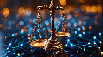 Balance scales on a digital network background with glowing nodes. Conceptual image for technology law, cyber justice, or data protection themes, suitable for presentations and web design - obrazy, fototapety, plakaty
