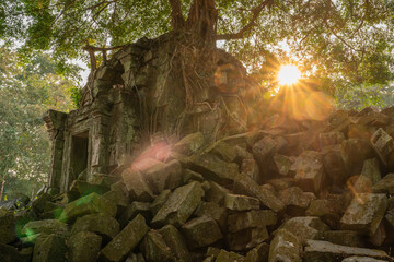 The hidden beauty of ancient temple ruins in the middle of jungle forest temple of Beng Mealea temple, Siem Reap, Cambodia. - 762358334
