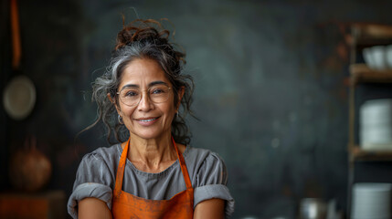 Portrait of a hispanic senior woman at the kitchen, wearing eyeglasses and an apron, smiling and friendly  - obrazy, fototapety, plakaty