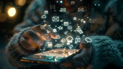 Digital Connectivity Hands Holding Smartphone with Glowing Icons for Email Shopping and Music Modern Lifestyle and Technology Concept