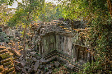The hidden beauty of ancient temple ruins in the middle of jungle forest temple of Beng Mealea temple, Siem Reap, Cambodia. - 762358365