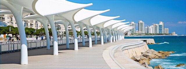 Obraz premium Canopy walkway with a modern urban seaside promenade