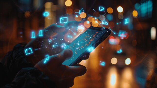 Digital Connectivity Hands Holding Smartphone with Glowing Icons for Email Shopping and Music Modern Lifestyle and Technology Concept