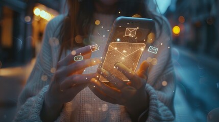 Digital Connectivity Hands Holding Smartphone with Glowing Icons for Email Shopping and Music Modern Lifestyle and Technology Concept