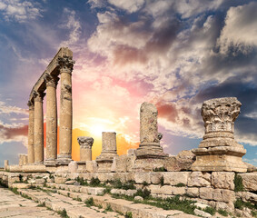 Roman ruins (against the background of a beautiful sky with clouds) in the Jordanian city of Jerash...