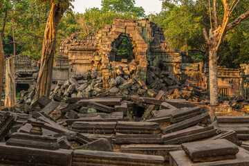 The hidden beauty of ancient temple ruins in the middle of jungle forest temple of Beng Mealea temple, Siem Reap, Cambodia. - 762358560
