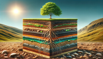 cross-section of soil layers, with a focus on a single vibrant green tree growing above.