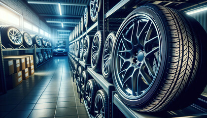 row of high-performance car tires and wheels on storage racks in an automotive shop.