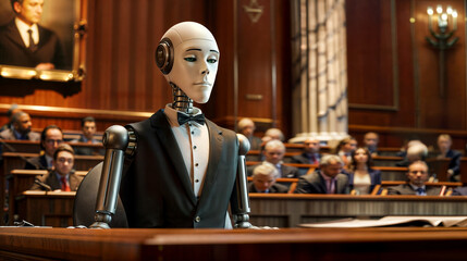 Sophisticated AI robot lawyer in formal attire with bow tie stands in courtroom, scene illustrates concept of advanced artificial intelligence participating in legal systems.