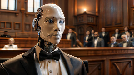 Sophisticated AI robot lawyer in formal attire with bow tie stands in courtroom, scene illustrates concept of advanced artificial intelligence participating in legal systems.