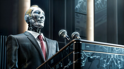 Politician / businessman AI robot dressed in suit and tie stands at podium, giving a speech - concept of robots or artificial intelligence engaging in political activities or public speaking.