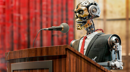 Politician / businessman AI robot dressed in suit and tie stands at podium, giving a speech - concept of robots or artificial intelligence engaging in political activities or public speaking.