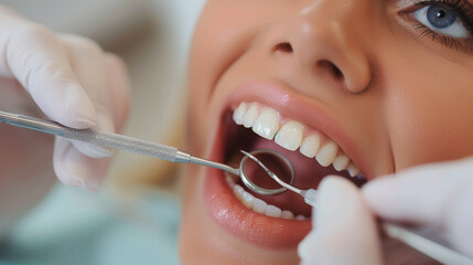 Close-up of woman having her teeth examined.