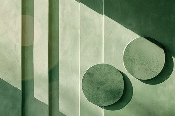Abstract geometric shapes in a green monochromatic space with play of light and shadow. Modern minimalist art concept for background, wallpaper, or banner design. Studio shot with creative composition