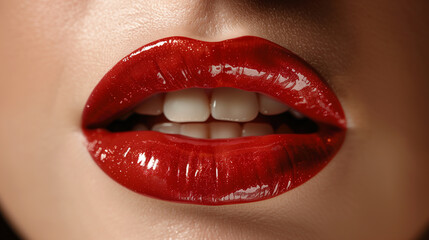 Obraz premium Sexy Red Lips close up. Beautiful Perfect Makeup. Beautiful red Lip Gloss. Cosmetic.mouth open, big lips. Cosmetic beauty procedures.