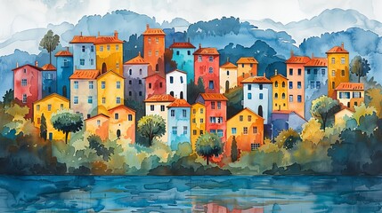 Abstract watercolor panorama of a city