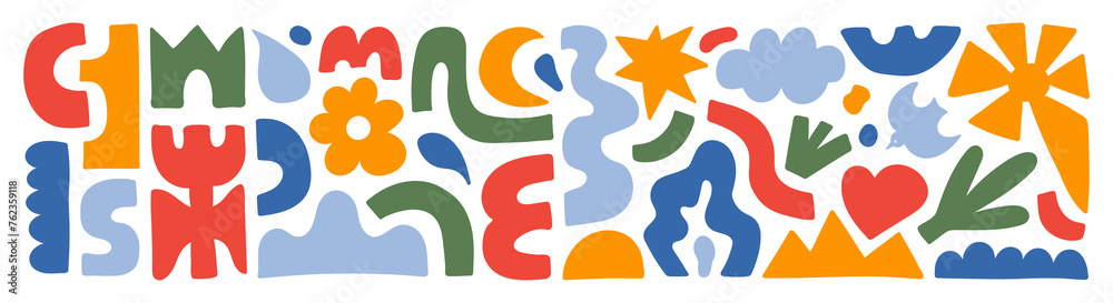Poster abstract organic shapes with colorful geometric cutting doodles. trendy random figures isolated on a