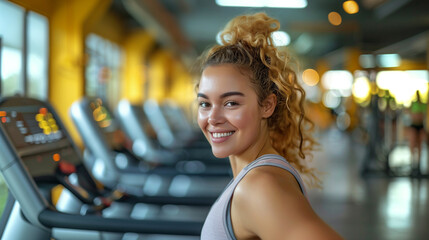 Happy confident overweight woman in blue fitness clothes on trainer treadmill in gym, close up, copy space, concept of healthy lifestyle, losing weight, work out in gym. - obrazy, fototapety, plakaty