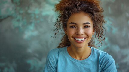 Young happy latin woman cheering at soccer sport match, blue t-shirt hispanic football fan supporter smile curly hair. - obrazy, fototapety, plakaty