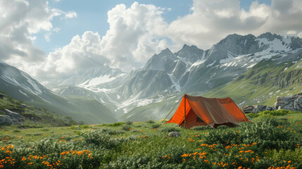 Tourists Camping. Picnic tent on a mountain meadow - obrazy, fototapety, plakaty