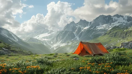 Tuinposter Tourists Camping. Picnic tent on a mountain meadow © brillianata