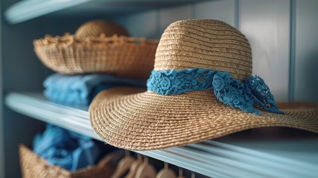 modern wardrobe with empty shelves and straw hat