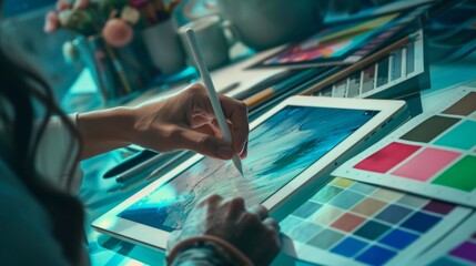 Creative Vision Designer's Hands at Work on Tablet with Color Swatches and Mood Boards