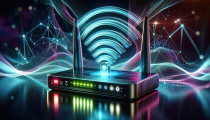 futuristic Wi-Fi router emitting a holographic signal with digital waves and a dynamic, colorful background. - obrazy, fototapety, plakaty