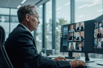 Corporate businessman worker attending an online meeting in his office in front of computer screen
