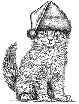 Vintage engraving isolated cat set dressed christmas illustration kitty ink santa costume sketch. Pet background kitten silhouette whisker new year hat art. Black and white hand drawn image