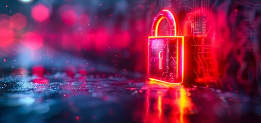 This image depicts a vibrant red padlock hologram over a digital circuit background, representing secure data encryption and tech innovation