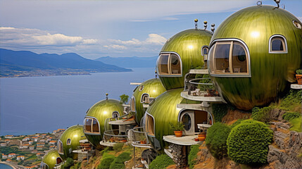 Futuristic green domed houses with portholes on a hillside overlooking the sea