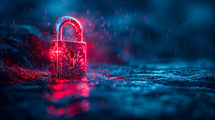 A neon red padlock showcasing cyber security concepts, dripping with simulated rain on a digital surface - 762359794