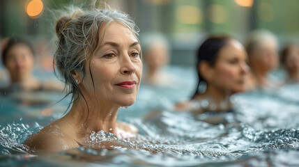 seniors doing water exercises, Group of elder women at aqua gym session, joyful group of friends...