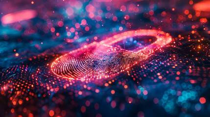 This digital artwork showcases a fingerprint surrounded by defocused red and blue light points, reflecting a tech-savvy atmosphere