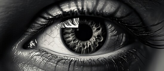 A detailed close up of a womans eye in a monochrome photo capturing the darkness, eyelash, iris, and eyebrow in striking black and white - obrazy, fototapety, plakaty