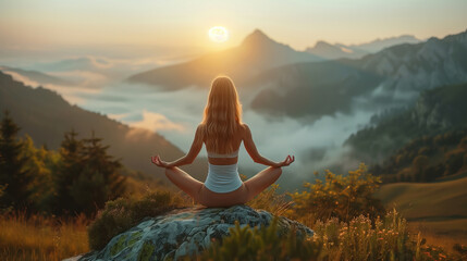 Lifestyle woman yoga exercise and pose for healthy life. Young girl or people pose balance body vital zen and meditation for workout nature mountain background in morning day. Copy space for banner. - obrazy, fototapety, plakaty