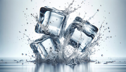 showcasing three crystal clear ice cubes suspended in the air with dynamic splashes