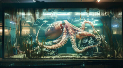 In an abandoned aquarium the spirit of a once-majestic squid haunts the tanks - obrazy, fototapety, plakaty