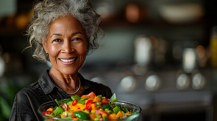 Aged woman smiling happily and holding a healthy vegetable salad bowl on blurred kitchen background, with copy space. - obrazy, fototapety, plakaty