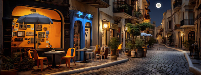 City street with restaurants and cafes with tables and chairs outside at night under the moon in a realistic style with muted colors - obrazy, fototapety, plakaty