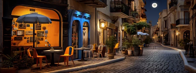Fotobehang City street with restaurants and cafes with tables and chairs outside at night under the moon in a realistic style with muted colors © AaliAmin