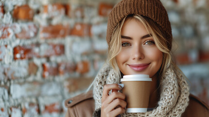 Cheerful young woman on winter morning street holding and sipping a cup of hot coffee on the...