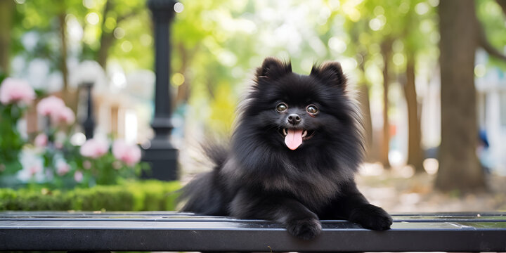 black and white dog, Black pomeranian close up full body shot with rainbow tie, Black dog with big smile, Generative AI