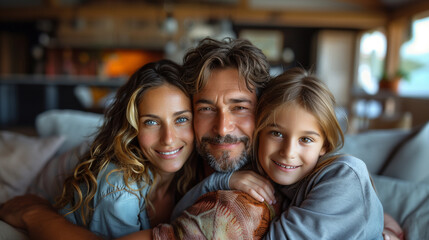 Obraz premium Young beautiful happy family relaxing at home.