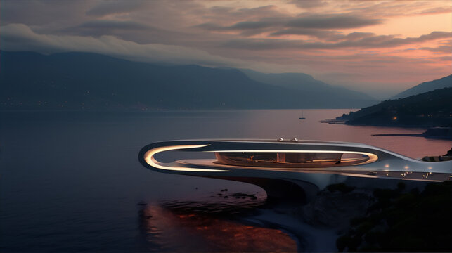 Futuristic house with infinity pool and amazing sea view at sunset